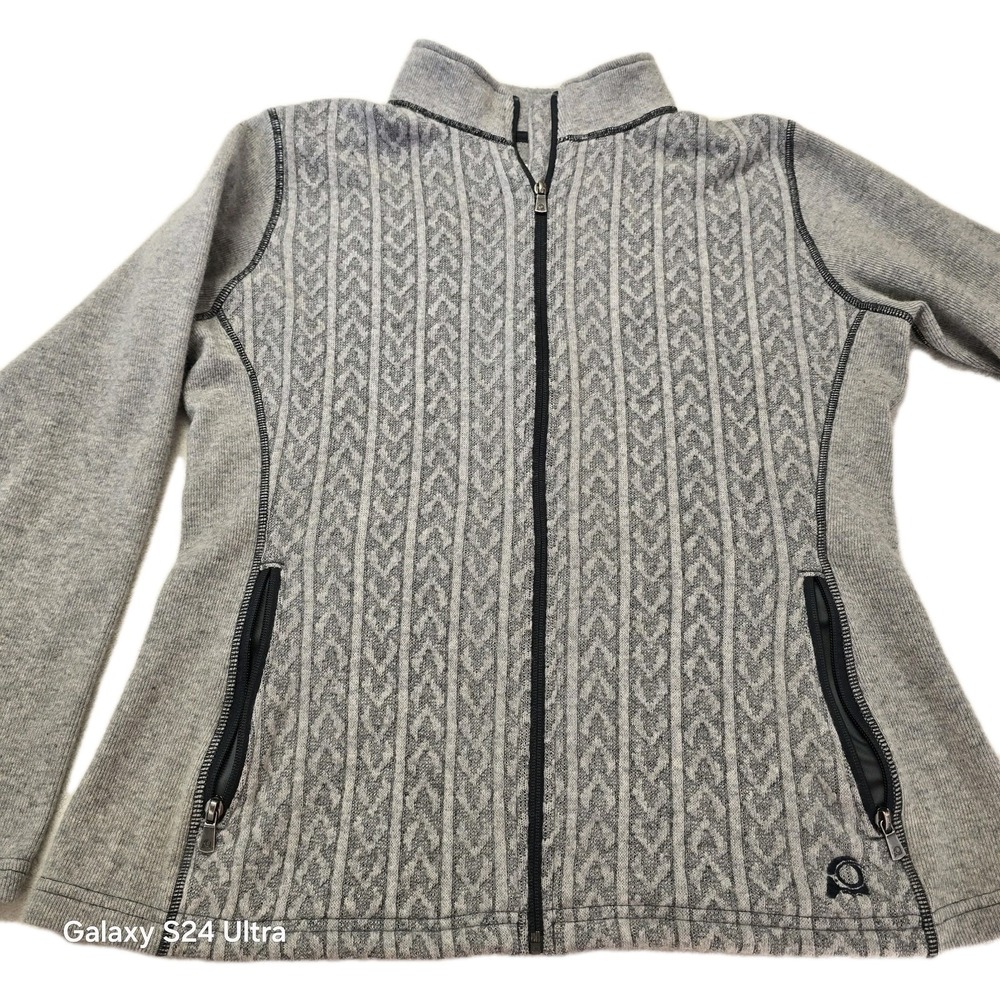 Overland Women's Gray Wool Blend Full Zip Chevron Knit Sweater Jacket Large‎ L